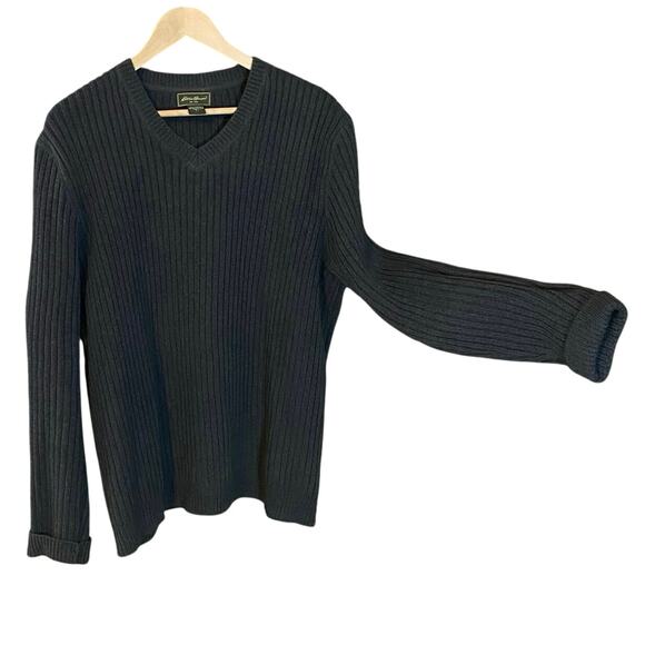Vintage Eddie Bauer Heavy Rib Knit Cotton Sweater Tall L Gray V-Neck Australia - Picture 1 of 6
